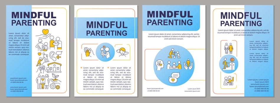 Mindful parenting blue brochure template. Family relationship. Leaflet design with linear icons. 4 vector layouts for presentation, annual reports.