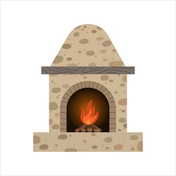 A fireplace made of stone and a fire inside the oven. An element of the living room interior. Vector illustration.