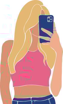 A young blonde girl makes a selfie on the phone. Funny art. Print, poster, banner. Vector illustrative image. Modern vector illustration. Vector background. Funny design element.