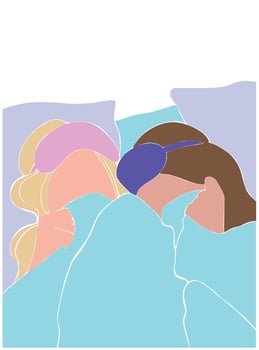 Beautiful poster with girls on a soft background. A friendly night at a friend's. Girls wearing sleep masks in a minimalist style. Vector concept. Vector art.