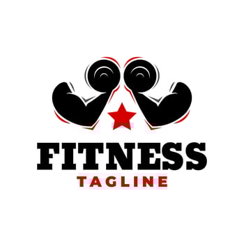 two hand holding barbel for gym studio logo. fitness logo vector template.