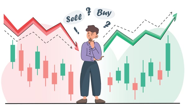 struggle of bullish and bearish trend, a man is thoughtful, sell or buy cryptocurrency. japanese candles and arrows, rising and falling prices, stock market illustration. stock exchange vector banner