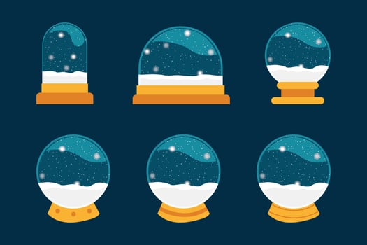 Christmas snowball globes collection. Set of glass snow globe, Christmas souvenir isolated on blue background. winter snowball, magic Xmas crystal orbs vector