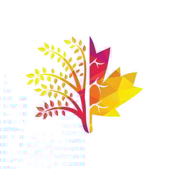 Blowing tree and maple leafs logo design. Canada business sign. vector