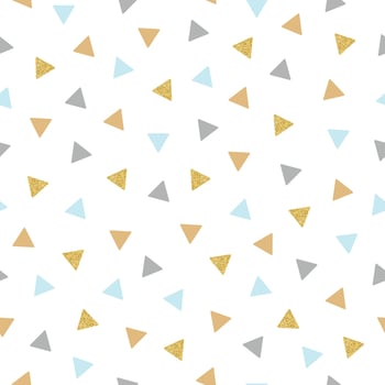 Colourful seamless pattern with repeating triangles in blue and grey. Pattern in subtle tones with sequins. Wallpaper for a boy's room. Vector illustration.