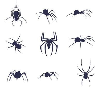 Set of nine silhouettes of spiders. Halloween spider set vector