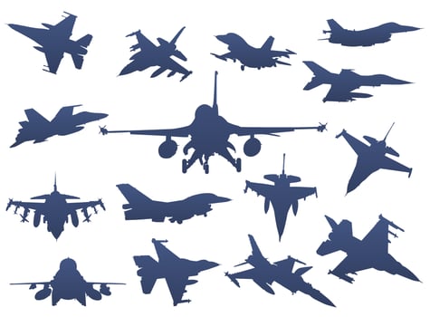 Military aviation silhouettes set. Fighters and aircraft vector