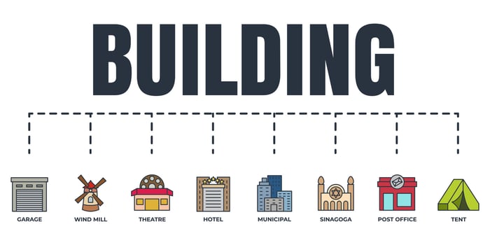 Building banner web icon set. municipal, hotel, garage, wind mill, sinagoga, theatre, post office, tent vector illustration concept.