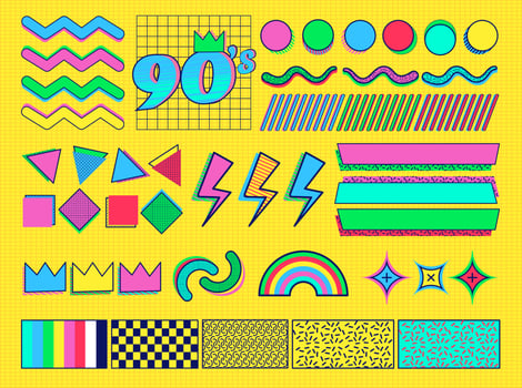 90s 80s memphis nostalgic colorful retro design elements vector