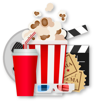 Cinema Tickets with Pop Corn, Drink amd Glasses png