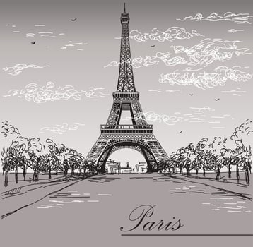 Landscape with Eiffel tower in black and white colors on grey background vector
