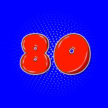 Pop art red number 80 over blue dotted background. vector