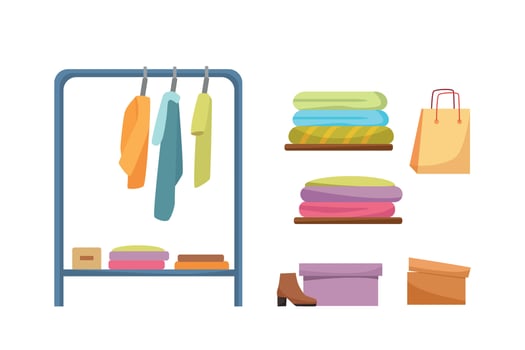 The concept of buying clothes. Hanger and shelves with clothes. Vector cartoon.