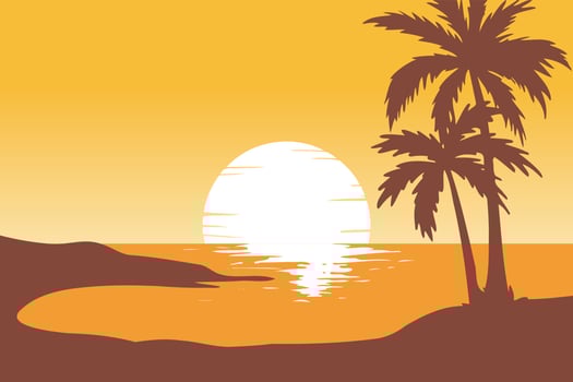 vector illustration of sunset scenery on tropical beach