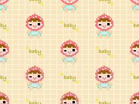 Baby cartoon character seamless pattern on yellow background.  Pixel style vector