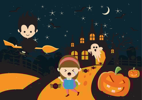 Children dressed in Halloween fancy dress to go Trick or Treating. Happy Halloween. Template for advertising brochure. vector