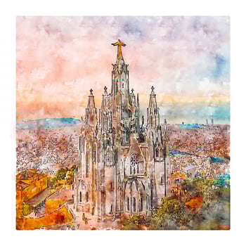 Tibidabo Barcelona Watercolor sketch hand drawn illustration vector