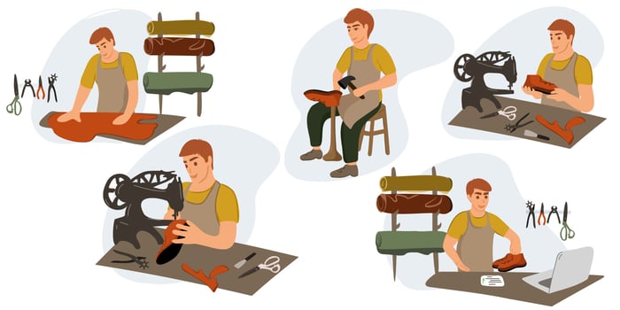 Male shoemaker in the process of making shoes. Fashion designer, shoe repairman in shoe store, training courses or master class. shoe tailoring concept. Set. vector