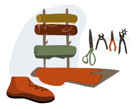 Shoe workshop. Rolls of leather. Tools for working with leather materials. The concept of tailoring shoes, bags and other leather products. vector