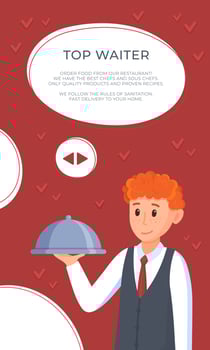 Vector illustration of restaurant flyer. Waiter isolated on red and white background with cloche in hand.