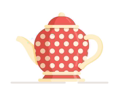 Vector illustration of a red teapot with white speckles. Cute ceramic colored teapot isolated on white background.