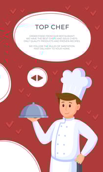 Vector illustration of restaurant flyer. Chef standing with dish in hand isolated on red and white background.