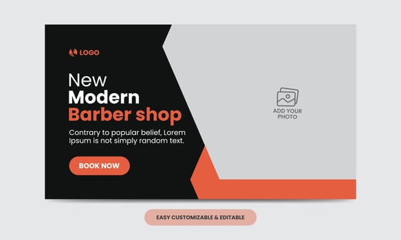Modern barber shop video thumbnail template. Editable salon web banner template vector