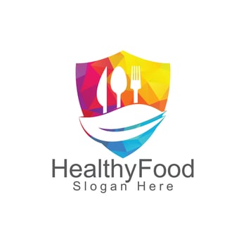 Healthy food logo template. Organic food logo with spoon, fork, knife and leaf symbol. vector