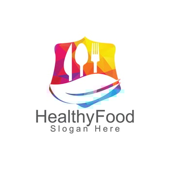 Healthy food logo template. Organic food logo with spoon, fork, knife and leaf symbol. vector