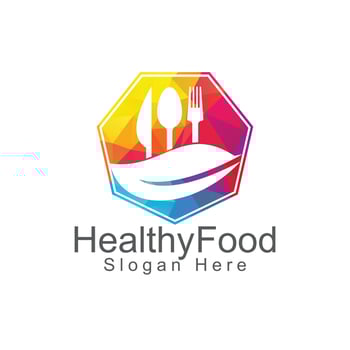Healthy food logo template. Organic food logo with spoon, fork, knife and leaf symbol. vector