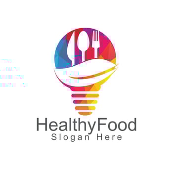 Healthy food logo bulb lamp template. Organic food logo with spoon, fork, knife and leaf symbol. vector
