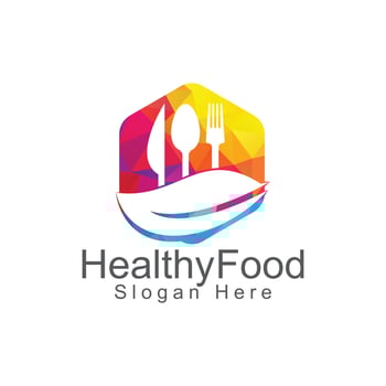 Healthy food logo template. Organic food logo with spoon, fork, knife and leaf symbol. vector