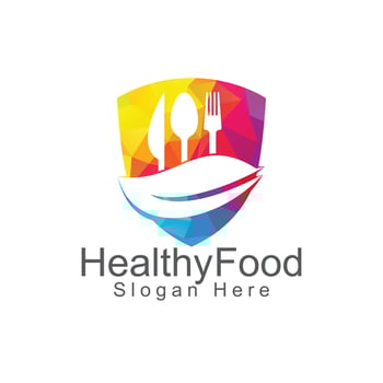 Healthy food logo template. Organic food logo with spoon, fork, knife and leaf symbol. vector