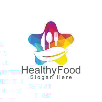 Star Healthy food logo template. Organic food logo with spoon, fork, knife and leaf symbol. vector
