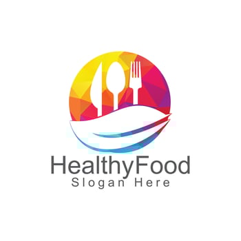 Healthy food logo template. Organic food logo with spoon, fork, knife and leaf symbol. vector