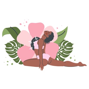 Beautiful yoga woman isolated on nature background. Young black girl in Yoga pose stretches. Meditation and breathing practice. Vector flat cartoon illustration for healthy lifestyle, sport