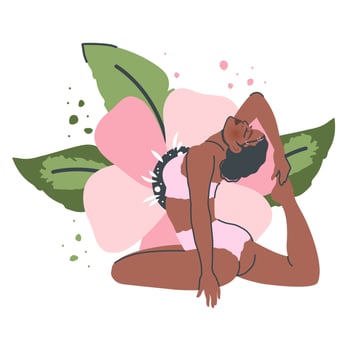Beautiful yoga woman isolated on nature background. Young black girl in Yoga pose stretches. Meditation and breathing practice. Vector flat cartoon illustration for healthy lifestyle, sport