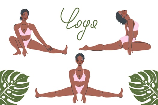 Set of  yoga poses isolated on white background. Young black girl in Yoga pose stretches. Meditation and breathing practice. Vector flat illustration for healthy lifestyle, sport, banner, poster