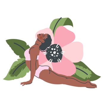 Beautiful yoga woman isolated on nature background. Young black girl in Yoga pose stretches. Meditation and breathing practice. Vector flat cartoon illustration for healthy lifestyle, sport