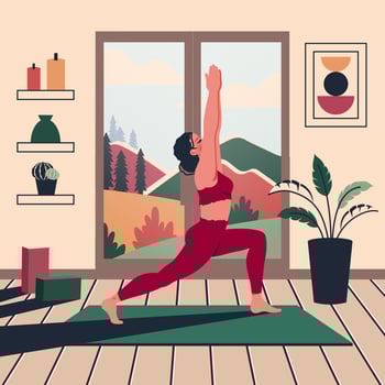 Beautiful yoga woman at home. Young yoga girl stretches indoor. Female character does meditation, breathing practice in room. Interior design. Vector flat cartoon illustration of healthy lifestyle