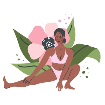 Beautiful yoga woman isolated on nature background. Young black girl in Yoga pose stretches. Meditation and breathing practice. Vector flat cartoon illustration for healthy lifestyle, sport