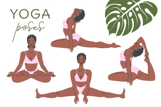Set of  yoga poses isolated on white background. Young black girl in Yoga pose stretches. Meditation and breathing practice. Vector flat illustration for healthy lifestyle, sport, banner, poster