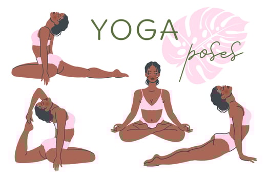 Set of  yoga poses isolated on white background. Young black girl in Yoga pose stretches. Meditation and breathing practice. Vector flat illustration for healthy lifestyle, sport, banner, poster