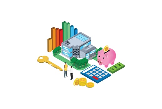 Isometric flat 3D isolated vector property Investment concept. House and real estate money investment. Suitable for Diagrams, Infographics, Game Asset, And Other Graphic Related Assets