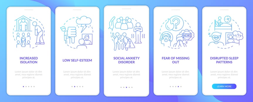 Downsides of social media blue gradient onboarding mobile app screen. Walkthrough 5 steps graphic instructions pages with linear concepts. UI, UX, GUI template. vector