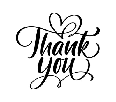 Hand drawn vintage vector text Thank you and heart. Calligraphy lettering love romantic illustration for wedding, Thanksgiving Day, greeting card. Isolated on white