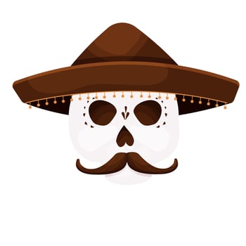 Dead day, skull decorated with traditional hat and mustache, mask,Halloween celebration in cartoon style vector