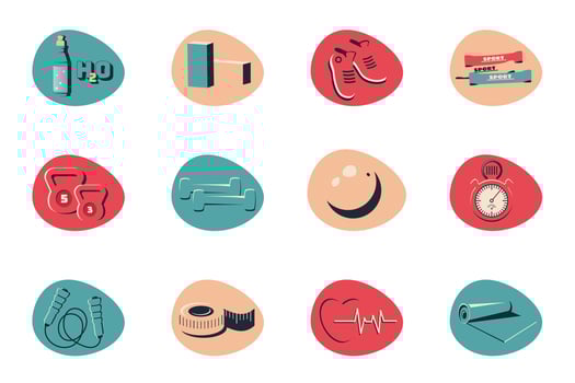 Fitness icon. Isolated gym icon set. Sport equipment for yoga, healthy lifestyle, sport, web design. Vector flat illustration