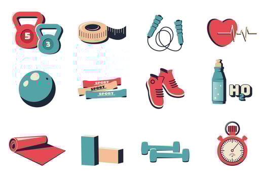 Fitness icon. Isolated gym icon set. Sport equipment for yoga, healthy lifestyle, sport, web design. Vector flat illustration