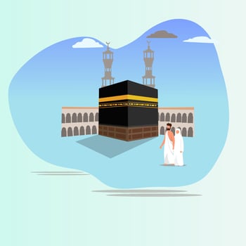 Hajj and Umrah pilgrimage pray near the kaaba, vector illustration template